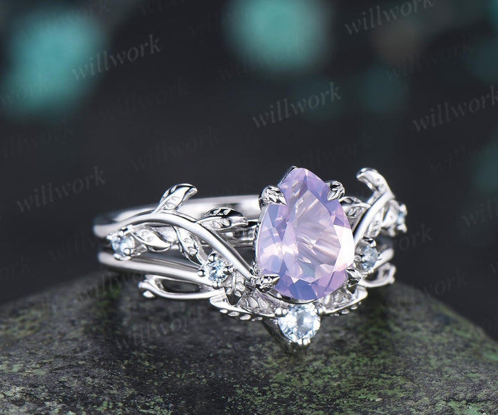 Teardrop pear cut Lavender Amethyst engagement ring 14k white gold cluster leaf nature inspired aquamarine  wedding ring set women gift