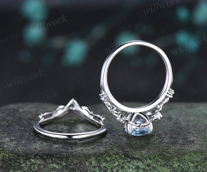 Teardrop pear cut aquamarine engagement ring 14k white gold vintage leaf nature inspired stacking promise wedding ring set women gift