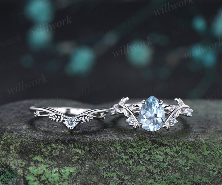 Teardrop pear cut aquamarine engagement ring 14k white gold vintage leaf nature inspired stacking promise wedding ring set women gift