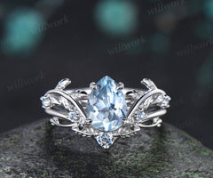 Teardrop pear cut aquamarine engagement ring 14k white gold vintage leaf nature inspired stacking promise wedding ring set women gift