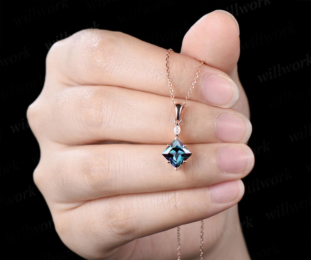 Princess cut alexandrite necklace 14k rose gold two stone marquise moissanite pendant women her gemstone anniversary bridal gift mother