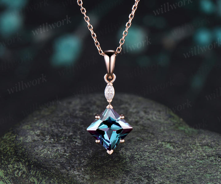 Princess cut alexandrite necklace 14k rose gold two stone marquise moissanite pendant women her gemstone anniversary bridal gift mother