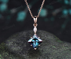 Princess cut alexandrite necklace 14k rose gold two stone marquise moissanite pendant women her gemstone anniversary bridal gift mother