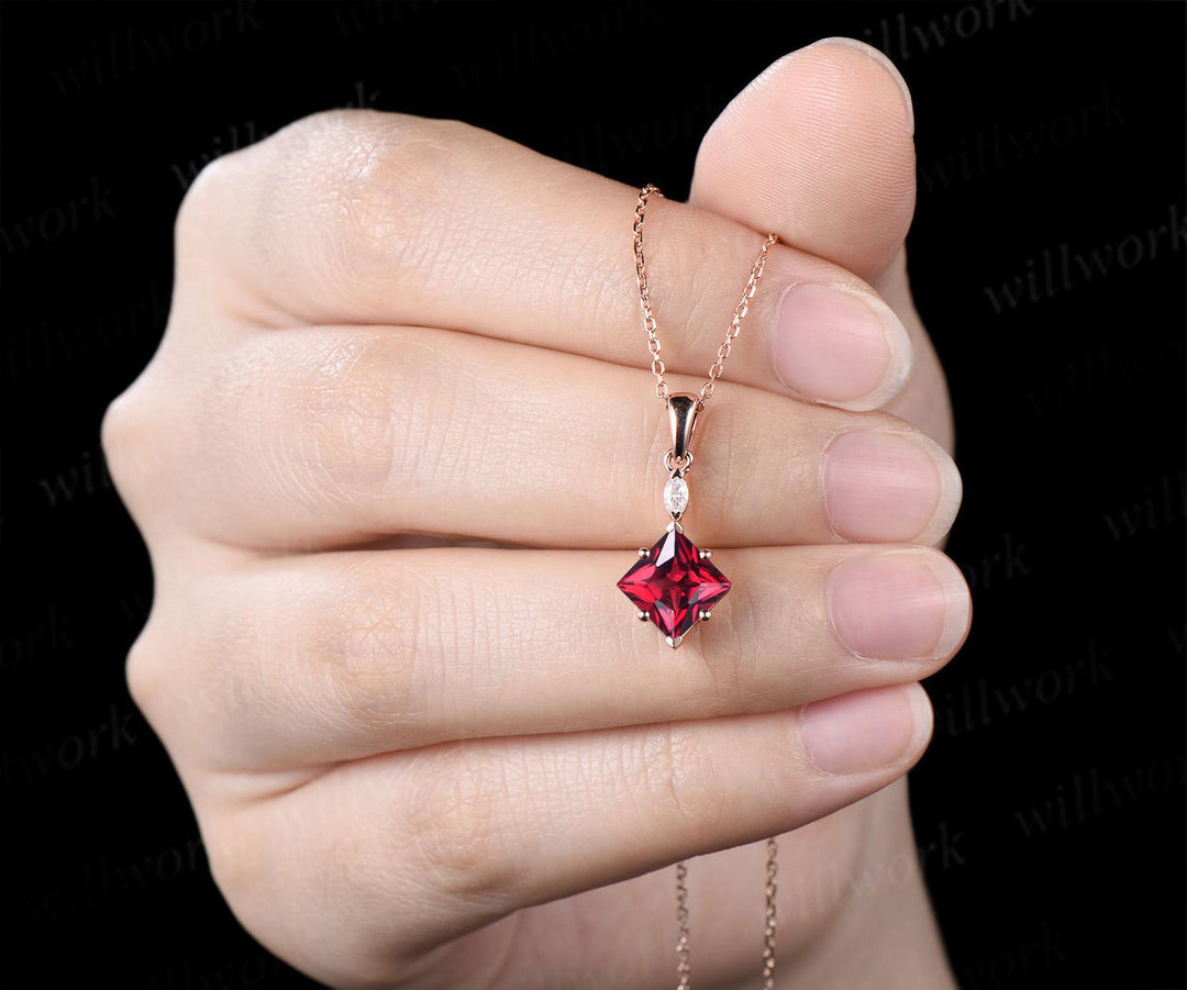 Princess cut red ruby necklace 14k rose gold two stone marquise moissanite pendant women her gemstone anniversary bridal gift mother