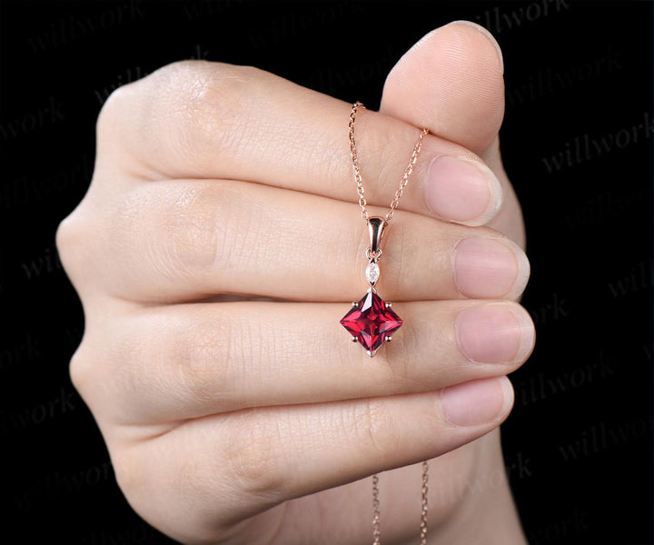 Princess cut red ruby necklace 14k rose gold two stone marquise moissanite pendant women her gemstone anniversary bridal gift mother