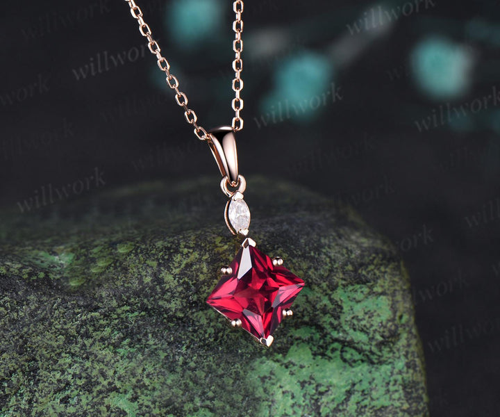 Princess cut red ruby necklace 14k rose gold two stone marquise moissanite pendant women her gemstone anniversary bridal gift mother