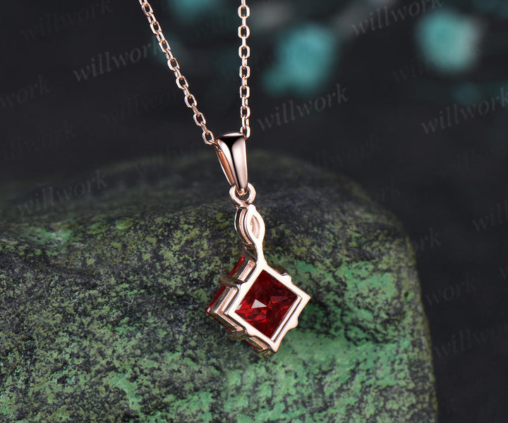 Princess cut red ruby necklace 14k rose gold two stone marquise moissanite pendant women her gemstone anniversary bridal gift mother