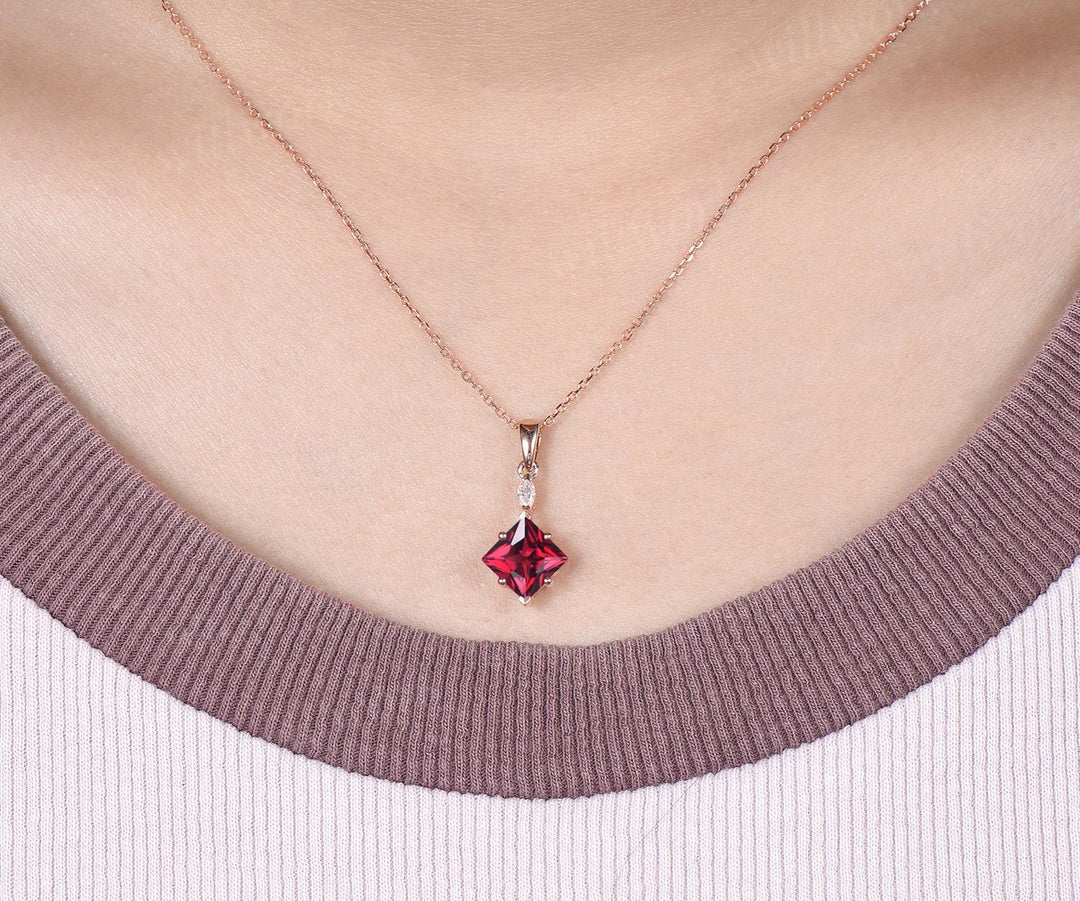 Princess cut red ruby necklace 14k rose gold two stone marquise moissanite pendant women her gemstone anniversary bridal gift mother