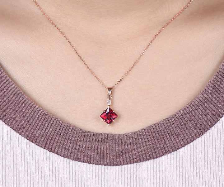 Princess cut red ruby necklace 14k rose gold two stone marquise moissanite pendant women her gemstone anniversary bridal gift mother