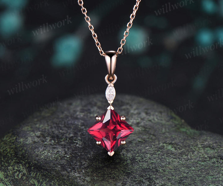 Princess cut red ruby necklace 14k rose gold two stone marquise moissanite pendant women her gemstone anniversary bridal gift mother