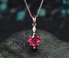 Princess cut red ruby necklace 14k rose gold two stone marquise moissanite pendant women her gemstone anniversary bridal gift mother