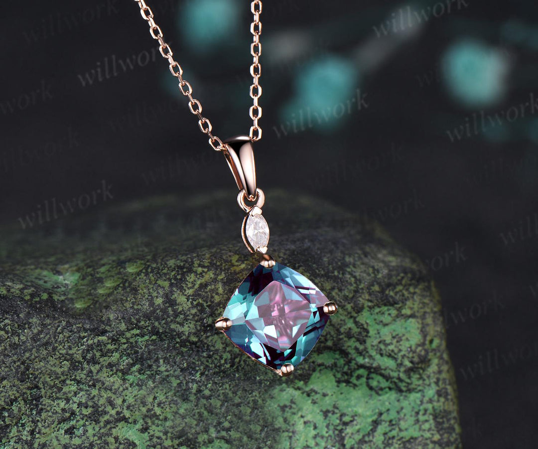 2ct cushion cut alexandrite necklace 14k rose gold two stone marquise pendant women her gemstone anniversary bridal gift mother