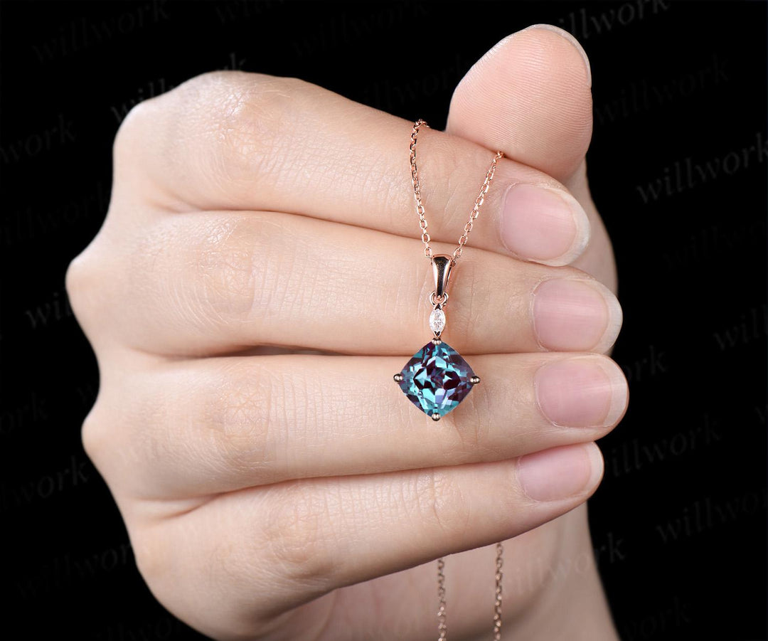 2ct cushion cut alexandrite necklace 14k rose gold two stone marquise pendant women her gemstone anniversary bridal gift mother