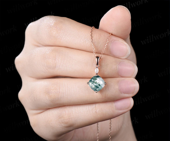 2ct cushion cut green moss agate necklace 14k rose gold two stone marquise moissanite pendant women her gemstone wedding bridal gift mother