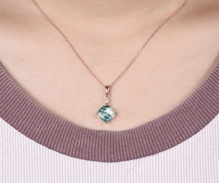 2ct cushion cut green moss agate necklace 14k rose gold two stone marquise moissanite pendant women her gemstone wedding bridal gift mother