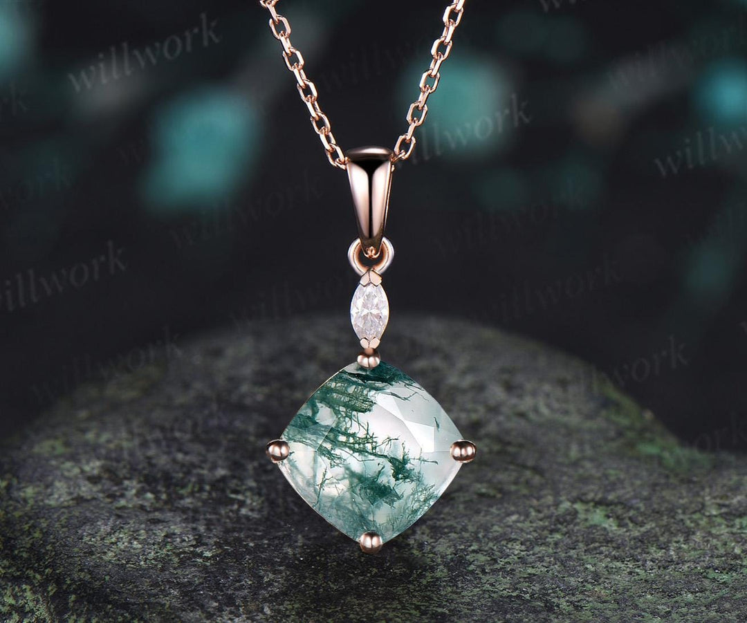 2ct cushion cut green moss agate necklace 14k rose gold two stone marquise moissanite pendant women her gemstone wedding bridal gift mother