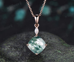 2ct cushion cut green moss agate necklace 14k rose gold two stone marquise moissanite pendant women her gemstone wedding bridal gift mother