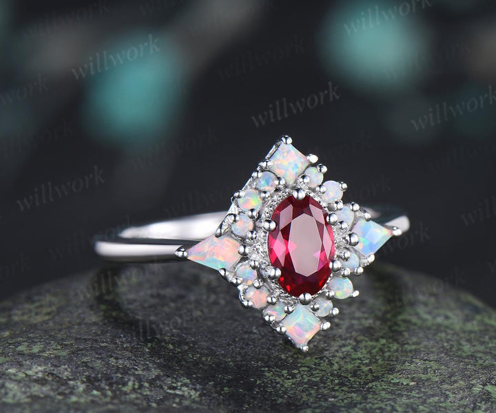 Oval cut red ruby ring vintage white gold halo kite square opal unique engagement ring women wedding anniversary ring gift for her