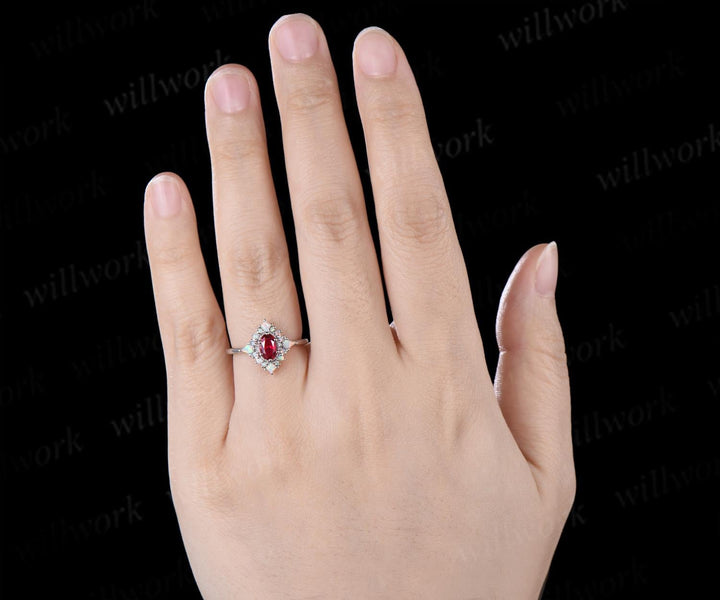 Oval cut red ruby ring vintage white gold halo kite square opal unique engagement ring women wedding anniversary ring gift for her