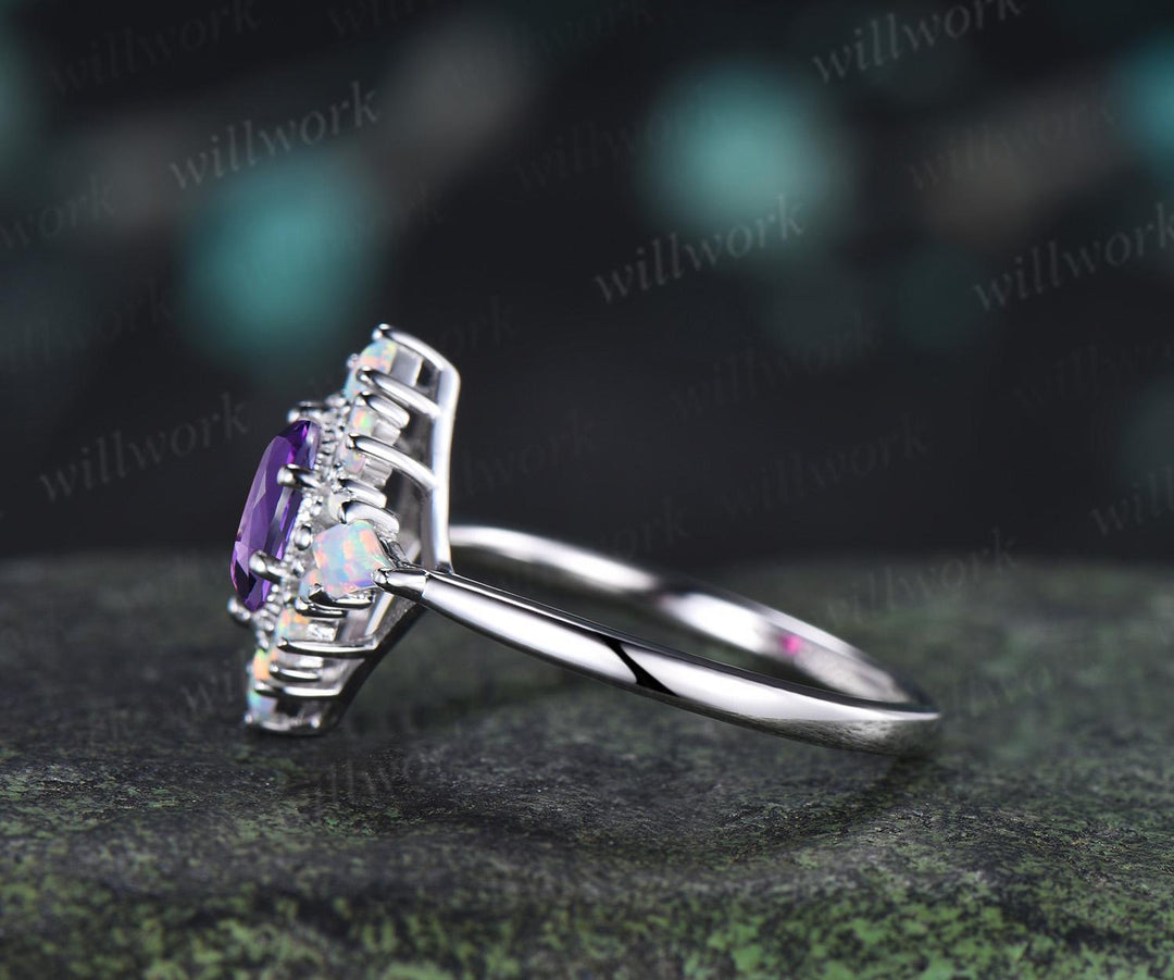 Oval cut amethyst ring vintage white gold halo kite square opal unique engagement ring women wedding anniversary ring gift for her