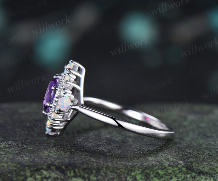 Oval cut amethyst ring vintage white gold halo kite square opal unique engagement ring women wedding anniversary ring gift for her