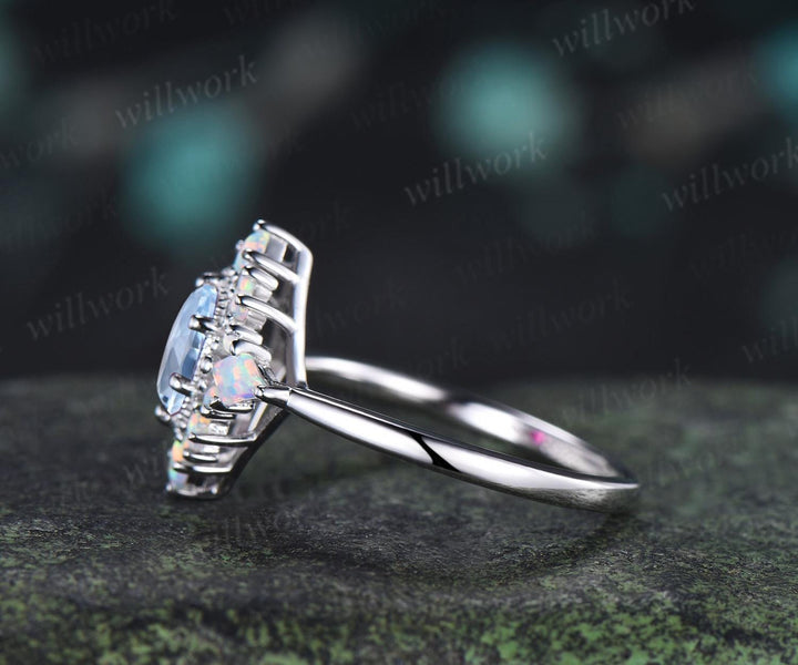 Oval cut aquamarine ring vintage white gold halo kite square opal unique engagement ring women wedding bridal ring gift for her