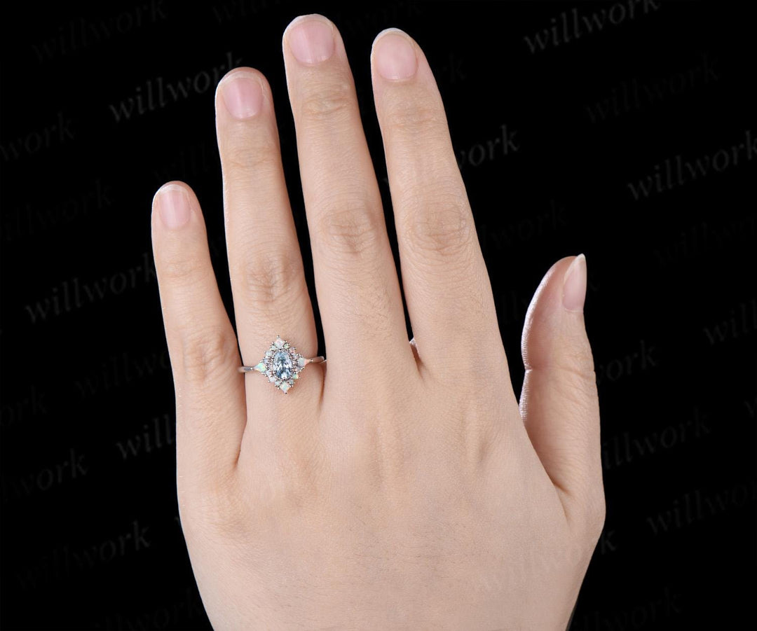 Oval cut aquamarine ring vintage white gold halo kite square opal unique engagement ring women wedding bridal ring gift for her