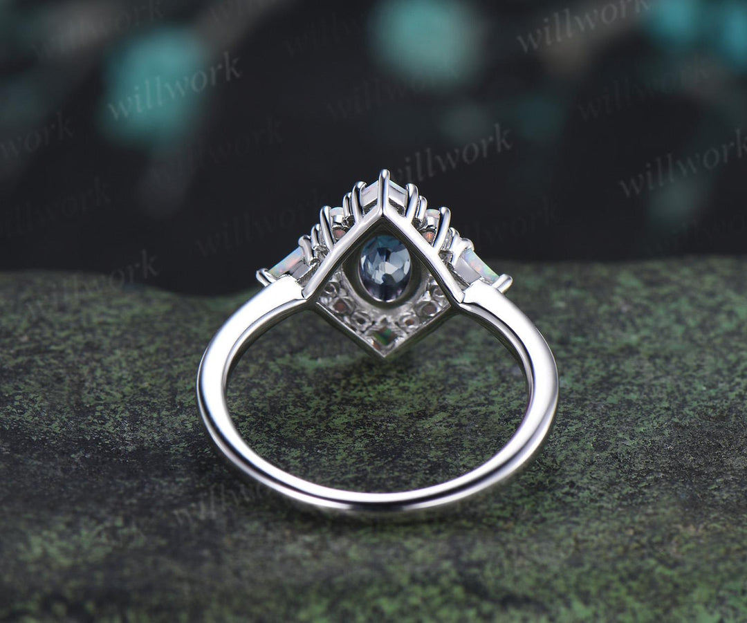 Oval cut aquamarine ring vintage white gold halo kite square opal unique engagement ring women wedding bridal ring gift for her