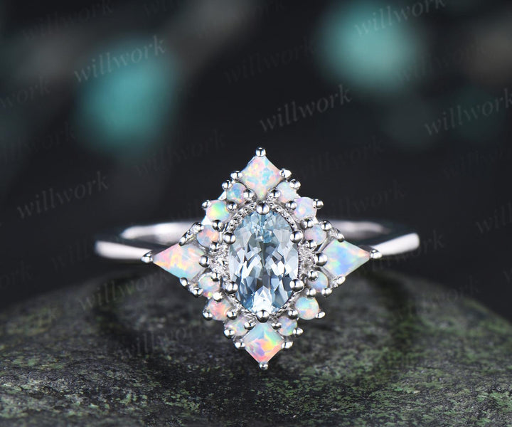 Oval cut aquamarine ring vintage white gold halo kite square opal unique engagement ring women wedding bridal ring gift for her