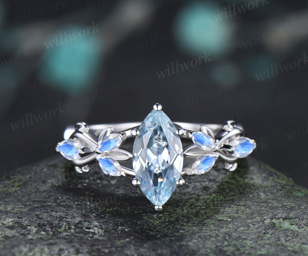 1ct marquise cut aquamarine moonstone engagement ring vintage solid 14k white gold leaf infinity promise wedding ring women jewelry