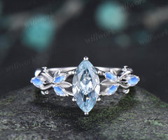 1ct marquise cut aquamarine moonstone engagement ring vintage solid 14k white gold leaf infinity promise wedding ring women jewelry