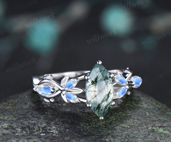 1ct marquise cut moss agate moonstone engagement ring vintage solid 14k white gold leaf infinity promise wedding ring women jewelry
