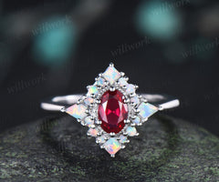 Oval cut red ruby ring vintage white gold halo kite square opal unique engagement ring women wedding anniversary ring gift for her