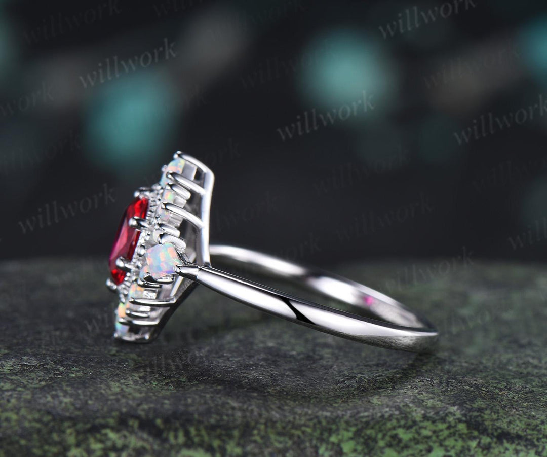 Oval cut red ruby ring vintage white gold halo kite square opal unique engagement ring women wedding anniversary ring gift for her