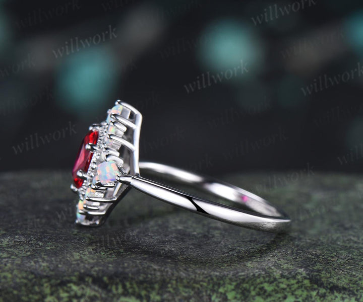 Oval cut red ruby ring vintage white gold halo kite square opal unique engagement ring women wedding anniversary ring gift for her
