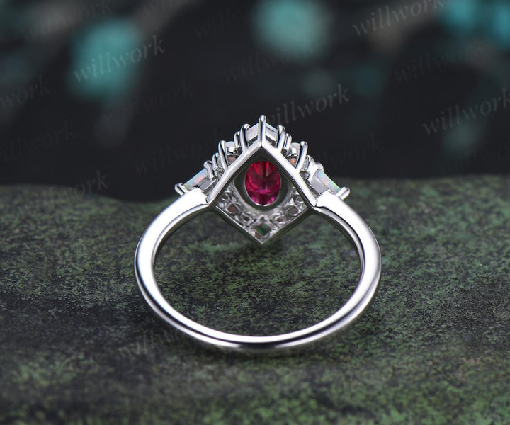 Oval cut red ruby ring vintage white gold halo kite square opal unique engagement ring women wedding anniversary ring gift for her