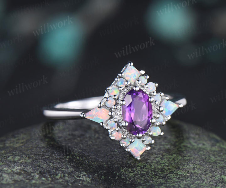 Oval cut amethyst ring vintage white gold halo kite square opal unique engagement ring women wedding anniversary ring gift for her