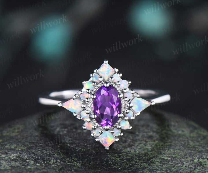 Oval cut amethyst ring vintage white gold halo kite square opal unique engagement ring women wedding anniversary ring gift for her