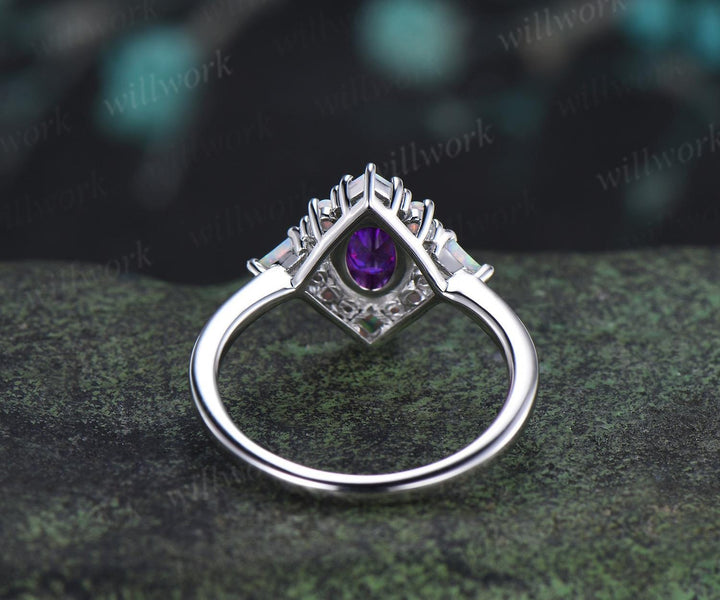 Oval cut amethyst ring vintage white gold halo kite square opal unique engagement ring women wedding anniversary ring gift for her