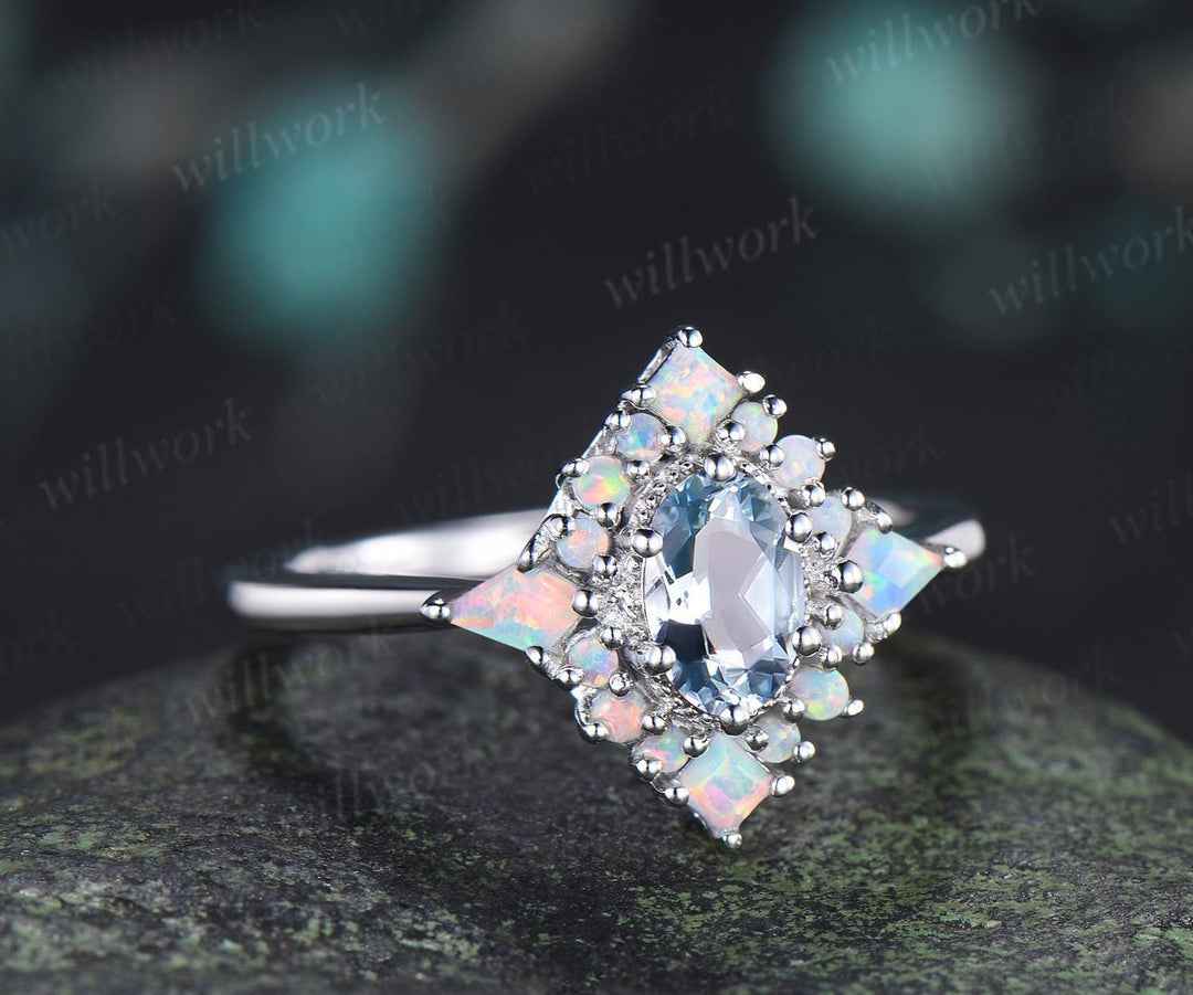Oval cut aquamarine ring vintage white gold halo kite square opal unique engagement ring women wedding bridal ring gift for her