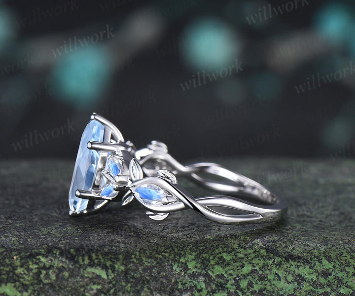 1ct marquise cut aquamarine moonstone engagement ring vintage solid 14k white gold leaf infinity promise wedding ring women jewelry