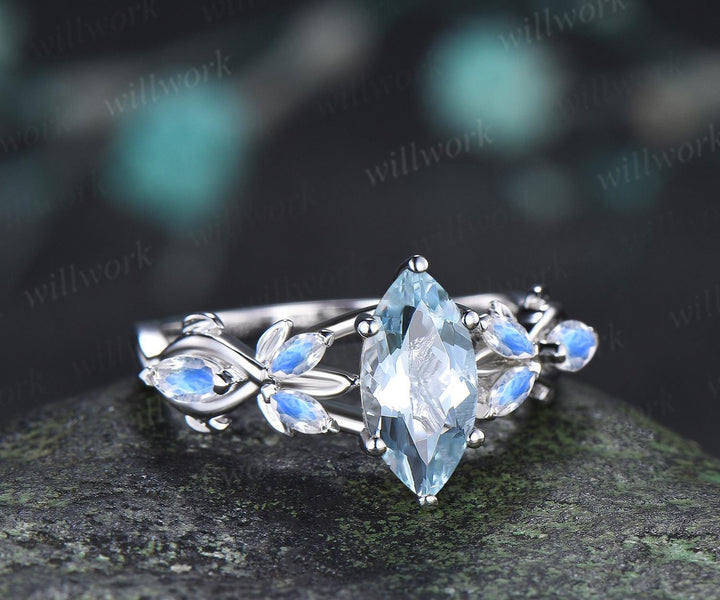 1ct marquise cut aquamarine moonstone engagement ring vintage solid 14k white gold leaf infinity promise wedding ring women jewelry