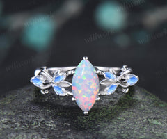 1ct marquise cut opal moonstone engagement ring vintage solid 14k white gold leaf infinity promise wedding ring women jewelry