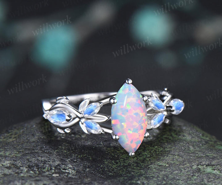 1ct marquise cut opal moonstone engagement ring vintage solid 14k white gold leaf infinity promise wedding ring women jewelry