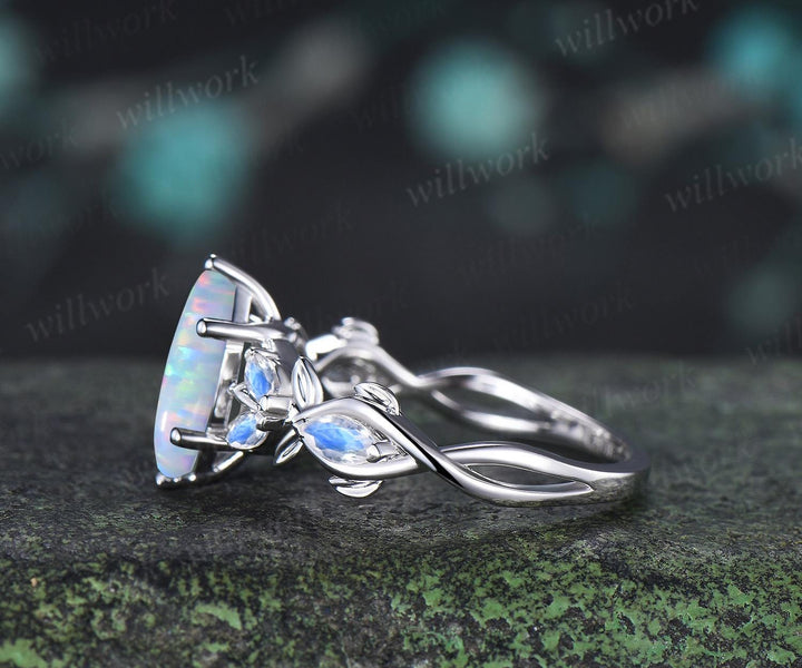 1ct marquise cut opal moonstone engagement ring vintage solid 14k white gold leaf infinity promise wedding ring women jewelry