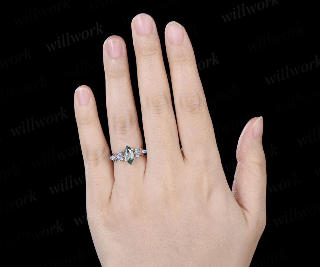 1ct marquise cut moss agate moonstone engagement ring vintage solid 14k white gold leaf infinity promise wedding ring women jewelry