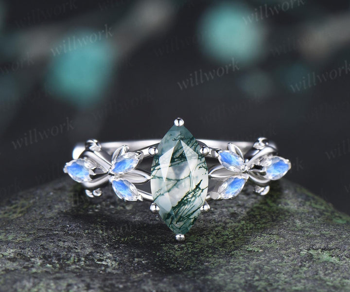 1ct marquise cut moss agate moonstone engagement ring vintage solid 14k white gold leaf infinity promise wedding ring women jewelry