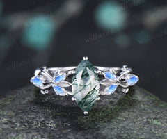 1ct marquise cut moss agate moonstone engagement ring vintage solid 14k white gold leaf infinity promise wedding ring women jewelry