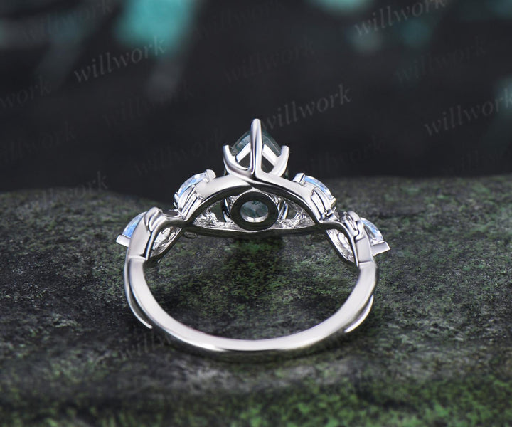 1ct marquise cut moss agate moonstone engagement ring vintage solid 14k white gold leaf infinity promise wedding ring women jewelry
