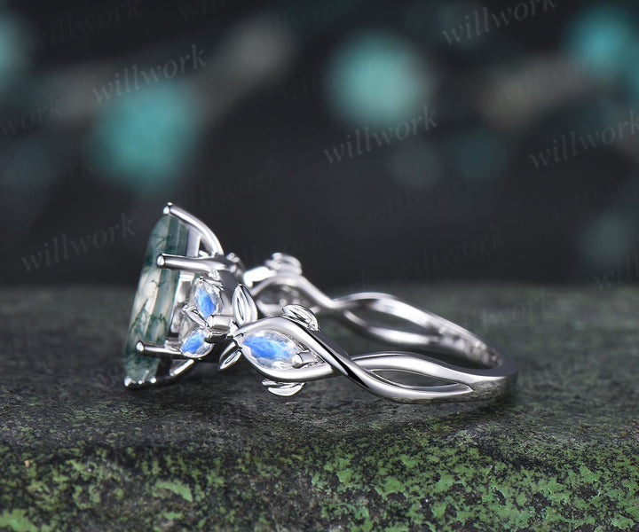 1ct marquise cut moss agate moonstone engagement ring vintage solid 14k white gold leaf infinity promise wedding ring women jewelry